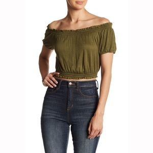 Hiatus Off Shoulder Olive Green Gauze Crop Top S